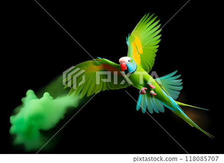 Flying green parrot Alexandrine parakeet with colored powder clouds. Isolated on black background 118085707