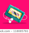 Retro audio cassette player with headphones on pink background, vector 118085781
