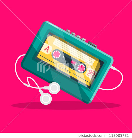 Retro audio cassette player with headphones on pink background, vector 118085781