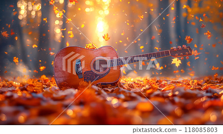 The Acoustic guitar on the garden in autumn season with maple tree and forest background 118085803