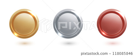 Award medal set isolated. Realistic golden, silver, bronze blank medals. 3d realistic round frames medal or coin, winner emblem. Award medal set isolated. Realistic golden, silver, bronze blank medals. 3d realistic round frames medal or coin, winner emblem. 118085846