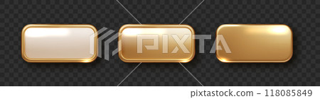 Golden plate button shape with frame. Realistic isolated design element, golden glossy label. Realistic 3D design Golden plate button shape with frame. Realistic isolated design element, golden glossy label. Realistic 3D design 118085849