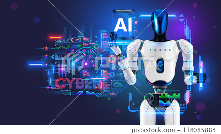 AI or artificial intelligence control mechanical humanoid anthropomorphic robot. Artificial neural network learning control robotic body. Robot with HUD interface of setting AI. Futuristic AI robot. 118085883