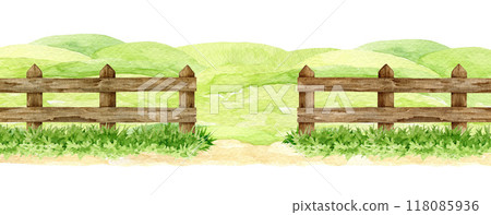 Green grass meadow protected with wooden fence with center entrance. Painted illustration. Farm, ranch pasture surrounded by wooden fence with entry. Countryside farm field landscape element 118085936