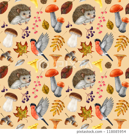 Autumn forest nature elements seamless pattern. Watercolor illustration. Hand drawn hedgehog, bullfinch, fallen leaves and forest mushroom on warm color background. Fall season mood seamless pattern 118085954