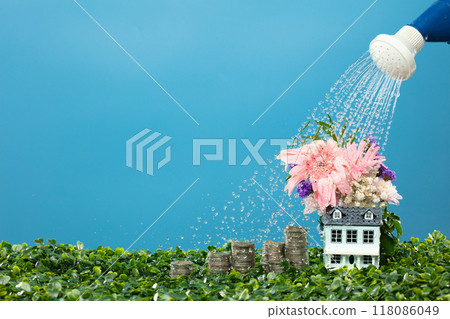 Watering planting on money saving stacking coins to be Home house in future. Growth money investment saving is good financial like coins stack as banking investment for retirement 118086049