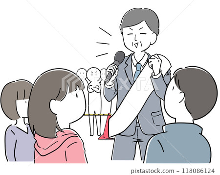 People listening to a street speech by a veteran politician (plain sashes) 118086124