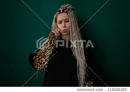 Woman With Long Hair and Leopard Print Jacket 118086260