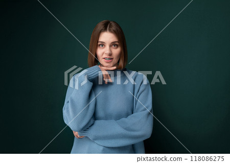 Woman in Blue Sweater Poses for Picture Woman in Blue Sweater Poses for Picture 118086275