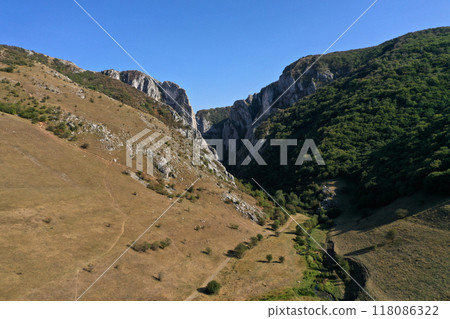 Aerial view of a deep limestone gorge, canyon 118086322