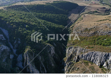 Aerial view of a deep limestone gorge, canyon Aerial view of a deep limestone gorge, canyon 118086323