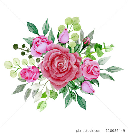 Isolated object-116. Bouquet of pink roses 4, watercolour illustration. 118086449