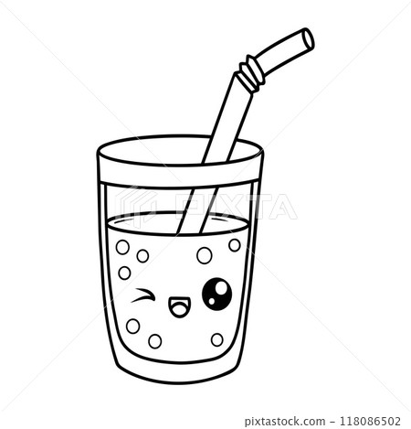 Cute glass of lemonade with straw. Outline funny cartoon kawaii character drink. Line drawing, coloring book. Vector illustration. Kids collection. Cute glass of lemonade with straw. Outline funny cartoon kawaii character drink. Line drawing, coloring book. Vector illustration. Kids collection. 118086502