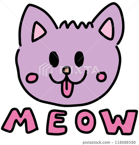 Hand drawn happy cat with MEOW letters for animal, adopt and rescue pet, pet shop, vet, stickers, cartoon character, comic, mascot, plush toy, kitten doll, patches, shirt print, brooch, cute element 118086580