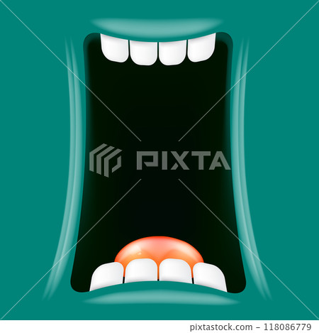 Vector Cartoon wide open mouth isolated on green background. Funny and cute Halloween green Monster open mouth with big white teeth and red tongue 118086779
