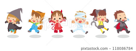 可愛的孩子們穿著萬聖節服裝變異向量跳躍的插圖集 118086784