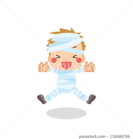 一個可愛的男孩扮演木乃伊男人並在萬聖節跳躍的插圖，向量，白色背景 118086786