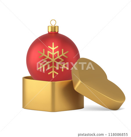 Christmas red ball toy in golden heart gift box 3d icon realistic vector illustration Christmas red ball toy in golden heart gift box 3d icon realistic vector illustration 118086855