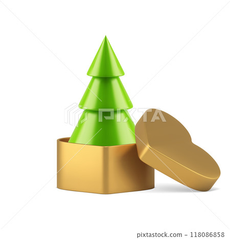 Green Christmas tree in open luxury package heart shape 3d icon realistic vector illustration 118086858