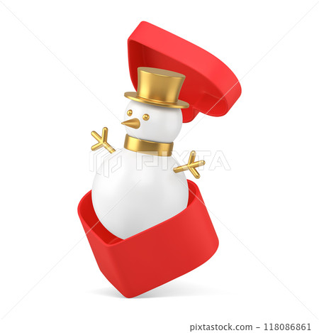 Snowman Christmas toy in flying red open gift box heart shape 3d icon realistic vector illustration Snowman Christmas toy in flying red open gift box heart shape 3d icon realistic vector illustration 118086861
