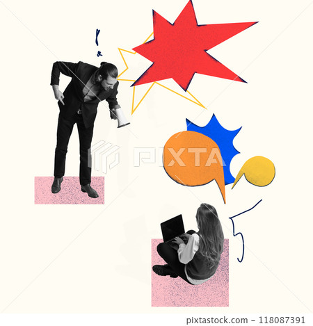 Businessman shouting into megaphone while female colleague working on laptop. Colorful speech bubbles symbolizing urgency and calm thinking in business. Contemporary art collage. Businessman shouting into megaphone while female colleague working on laptop. Colorful speech bubbles symbolizing urgency and calm thinking in business. Contemporary art collage. 118087391