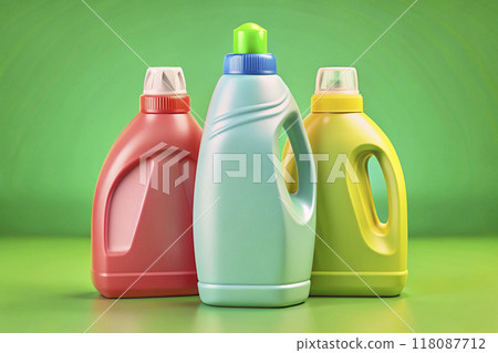 Plastic various bottles for detergents on green background Plastic various bottles for detergents on green background 118087712