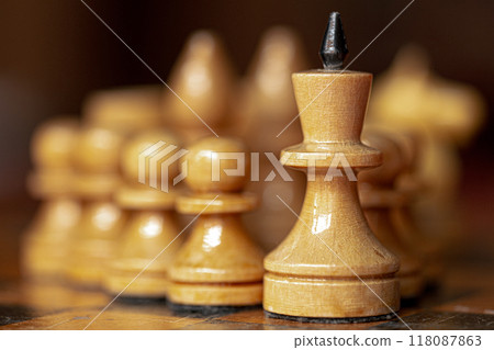 Chess Leader Led King His Army White Wooden Figures. Concept Game. 118087863