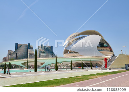 the Hemisphere and the science museum in the city of arts and sciences in Valencia Spain. Valencia's City of Arts and Sciences Complex Showcasing Iconic Hemisphere and Science Museum 118088009
