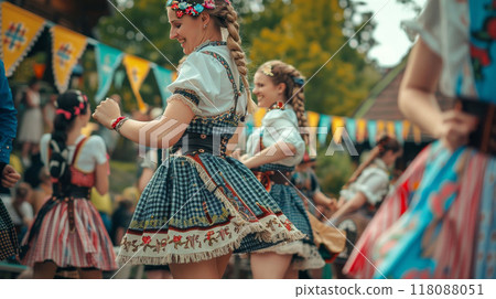 Dancing woman in octoberfest. Folk dance girl in german festival. Autumn germany holiday event. Traditional bavarian party. 118088051