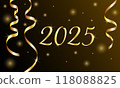 Golden numbers 2025 with with golden serpentine on a dark background. New Year greeting card 118088825