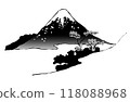 富士山的黑白墨水畫和浮世繪風格的剪紙插圖 118088968