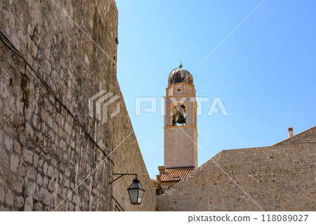 Dubrovnik Bell Tower on Luza Square at the end of the Stradun, main street of Old town in Dubrovnik, Croatia 118089027