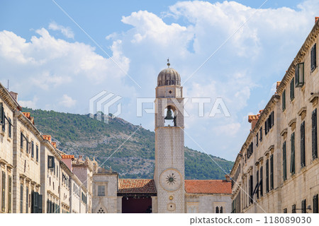 Dubrovnik Bell Tower on Luza Square at the end of the Stradun, main street of Old town in Dubrovnik, Croatia 118089030