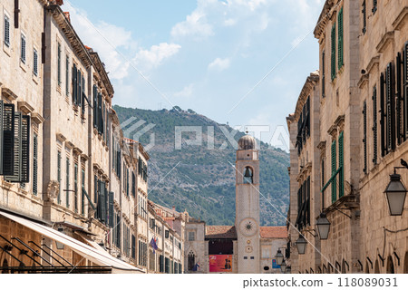 Dubrovnik Bell Tower on Luza Square at the end of the Stradun, main street of Old town in Dubrovnik, Croatia Dubrovnik Bell Tower on Luza Square at the end of the Stradun, main street of Old town in Dubrovnik, Croatia 118089031