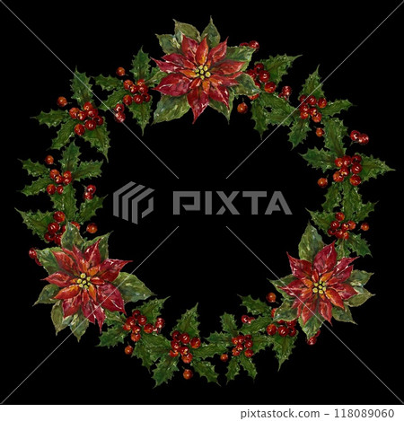 Poinsettia and Holly Christmas Wreath 118089060