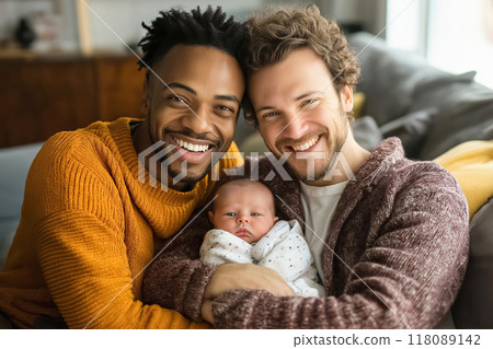 Happy gay couple holding their newborn baby at home 118089142