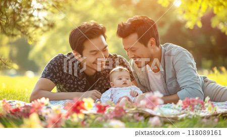 Gay couple lying on blanket with baby daughter in park having fun 118089161