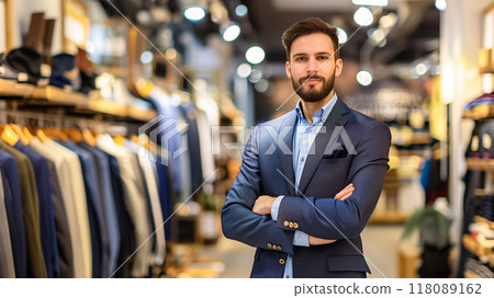 Confident male entrepreneur is posing with crossed arms in his clothing store 118089162