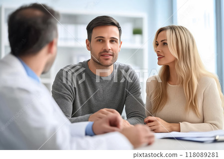 Young couple listening to doctor giving explanations in hospital room 118089281