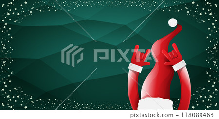 Merry christmas horizontal banner with Santa Claus rock n roll style and santa red hat isolated on green background with stars. Merry Christmas hipster Rock n roll party poster, flyer design template. 118089463