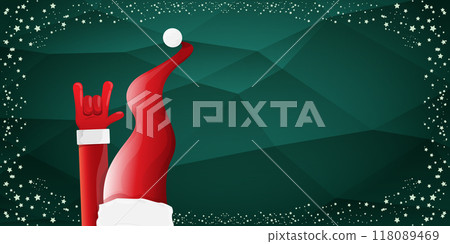 Merry christmas horizontal banner with Santa Claus rock n roll style and santa red hat isolated on green background with stars. Merry Christmas hipster Rock n roll party poster, flyer design template. 118089469