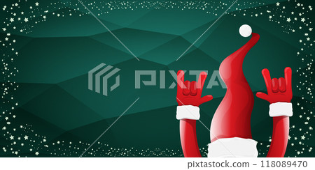 Merry christmas horizontal banner with Santa Claus rock n roll style and santa red hat isolated on green background with stars. Merry Christmas hipster Rock n roll party poster, flyer design template. 118089470