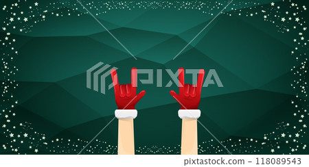 Merry christmas horizontal banner with Santa Claus rock n roll style and santa red hat isolated on green background with stars. Merry Christmas hipster Rock n roll party poster, flyer design template. Merry christmas horizontal banner with Santa Claus rock n roll style and santa red hat isolated on green background with stars. Merry Christmas hipster Rock n roll party poster, flyer design template. 118089543