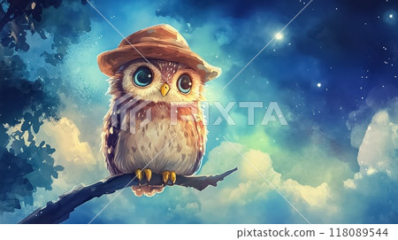 Funny owl wearing a hat and enjoying the night sky view 118089544