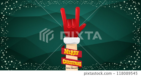 Merry christmas horizontal banner with Santa Claus rock n roll style and santa red hat isolated on green background with stars. Merry Christmas hipster Rock n roll party poster, flyer design template. Merry christmas horizontal banner with Santa Claus rock n roll style and santa red hat isolated on green background with stars. Merry Christmas hipster Rock n roll party poster, flyer design template. 118089545