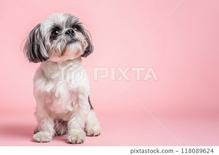 A delightful Shih Tzu sits peacefully, its fluffy coat shining against the soft pink backdrop. The small dog radiates a playful yet serene demeanor, captivating any onlooker with its cuteness. A delightful Shih Tzu sits peacefully, its fluffy coat shining against the soft pink backdrop. The small dog radiates a playful yet serene demeanor, captivating any onlooker with its cuteness. 118089624