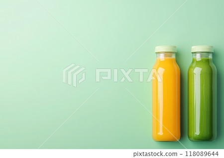 Two colorful smoothie bottles, one filled with bright orange juice and the other with deep green blend, stand elegantly on a clean pastel backdrop, inviting a refreshing burst of health. 118089644