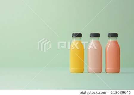 Three vibrant smoothie bottles stand elegantly against a serene green backdrop, showcasing a delightful array of flavors. Their striking colors invite a refreshing drink experience. 118089645