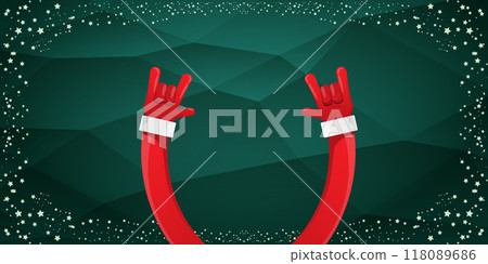 Merry christmas horizontal banner with Santa Claus rock n roll style and santa red hat isolated on green background with stars. Merry Christmas hipster Rock n roll party poster, flyer design template. 118089686