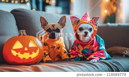 Two chihuahua dogs wearing costumes posing near halloween pumpkin on sofa Two chihuahua dogs wearing costumes posing near halloween pumpkin on sofa 118089779
